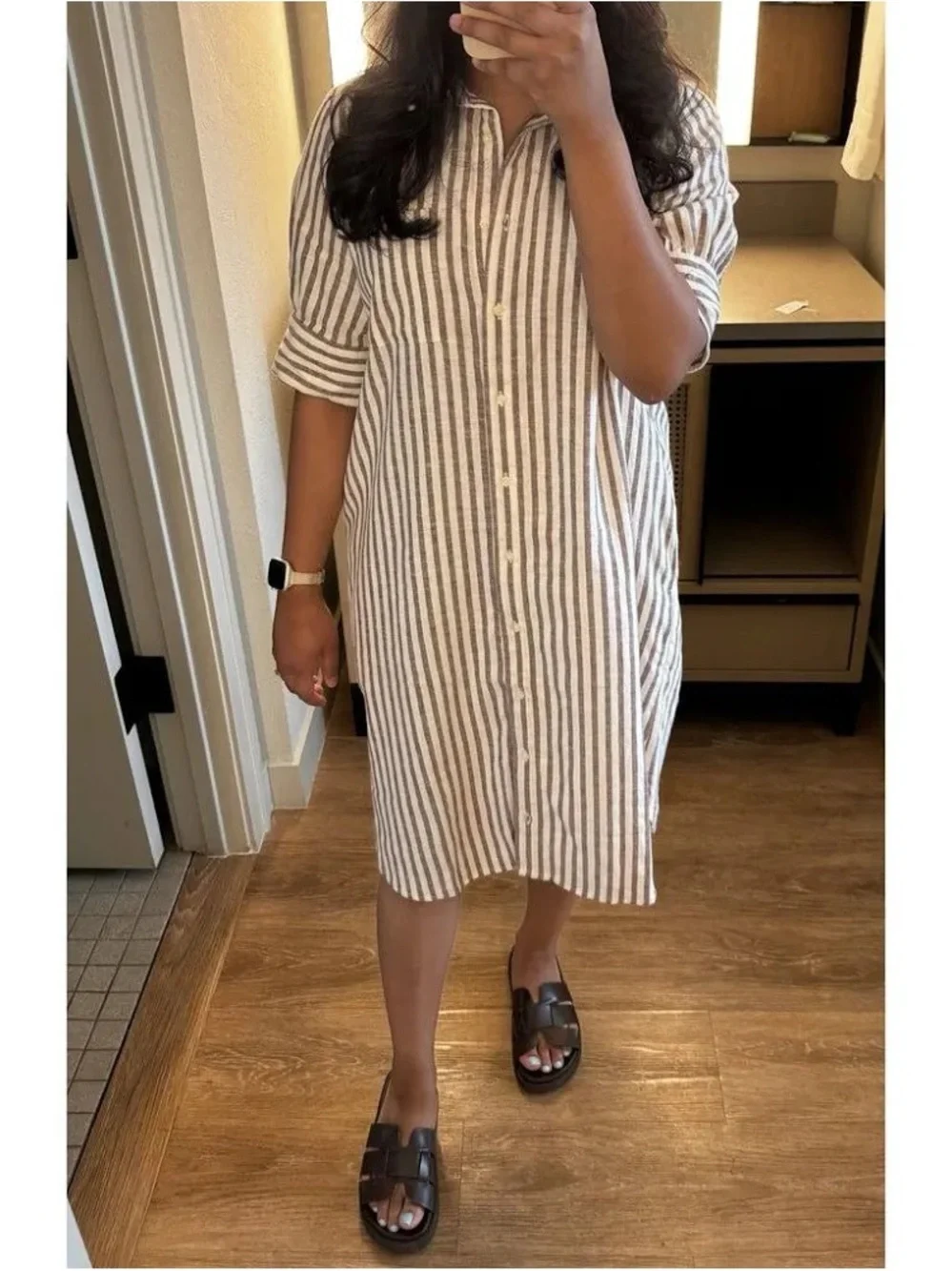 Old Navy White and Tan Striped Midi Shirt Dress - Picture 4 of 4
